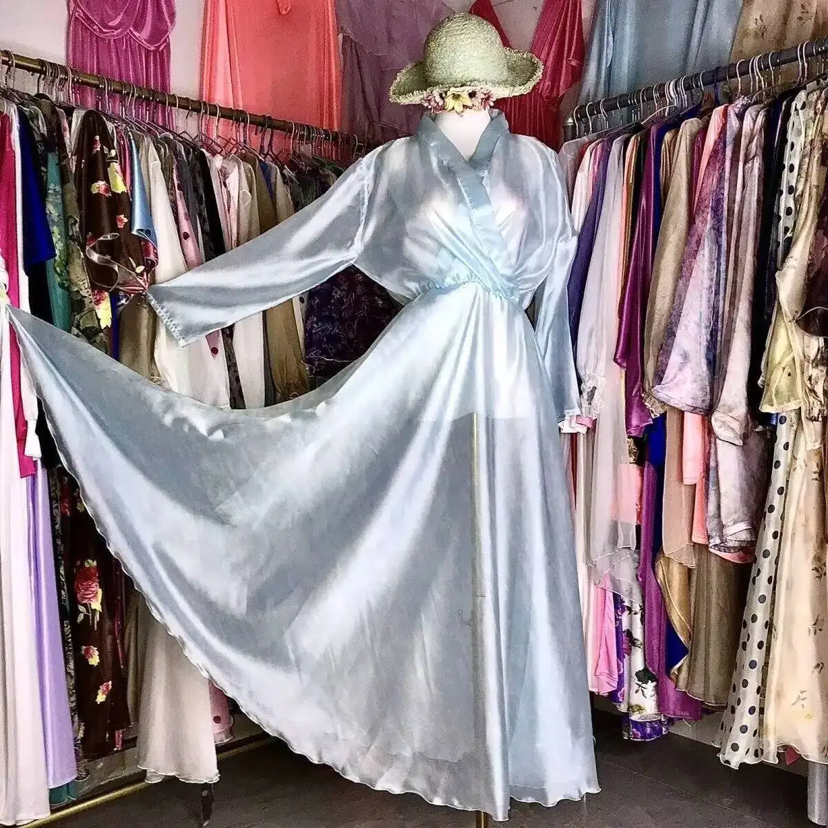 

Glossy Sky Blue Women Satin Loose Maxi Dress Long Sleeve Plus Size Sexy Sleeping Robe