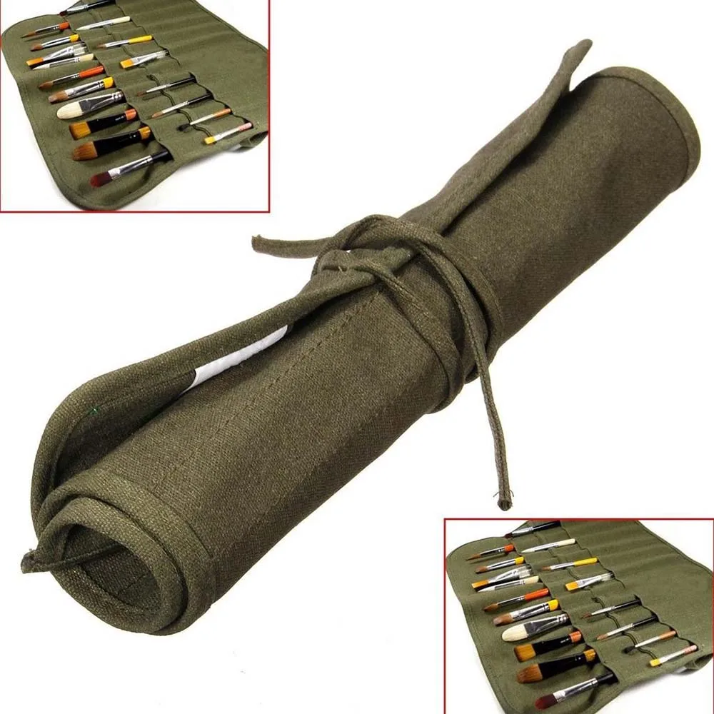 New Oil Painting Pen Bag High Grade Canvas Military Green Roll Up Canvas Paint Brush Storage Case Bag Hot Sale 1pc High-Capacity