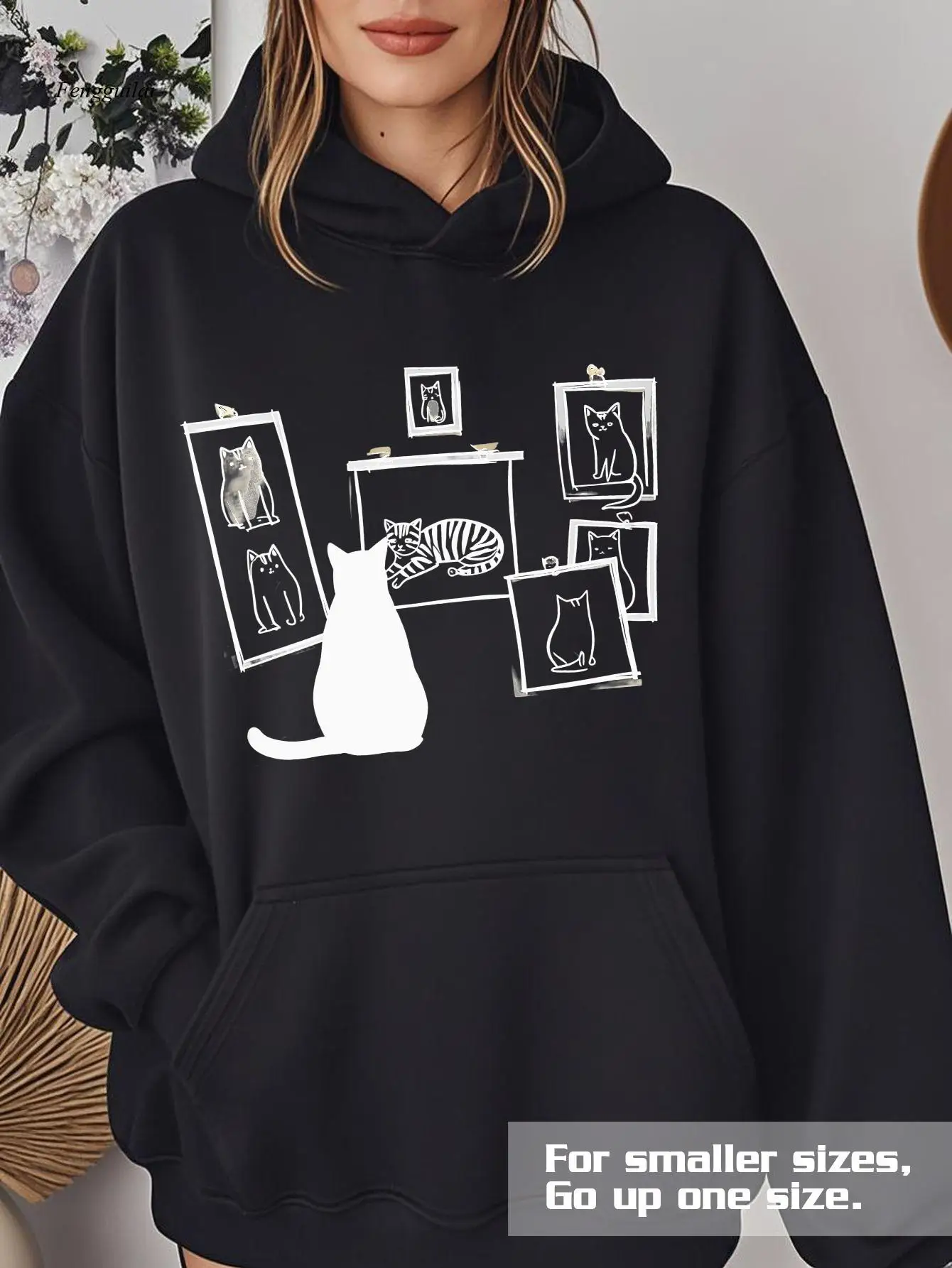 

Черная толстовка с капюшоном — размер вверх для небольших рам — уютный осенне-зимний пуловер с рисунком кота, большой карман-кенгуру