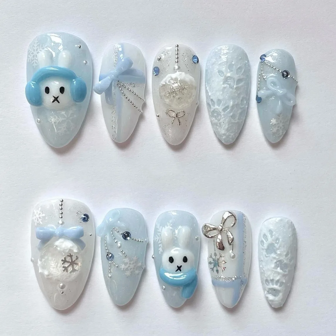 

24PCS Sweet Cute Blue Bowknot Almond Stick on Nails Cartoon Rabbit Metallic Silver French Fake Nails for Girls Fresh False Nails