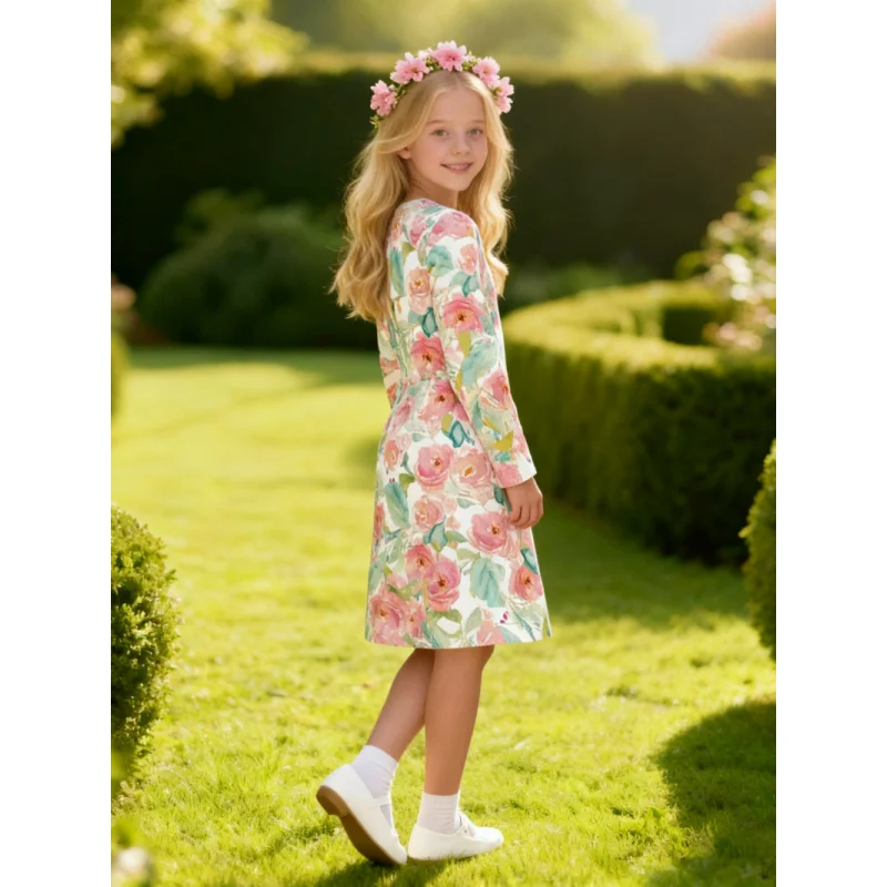 Floral Girls Dress Long Sleeve Watercolor Rose Design, A-Line Children's  Dress for Spring Summer, Stylish Party Dress for Littl