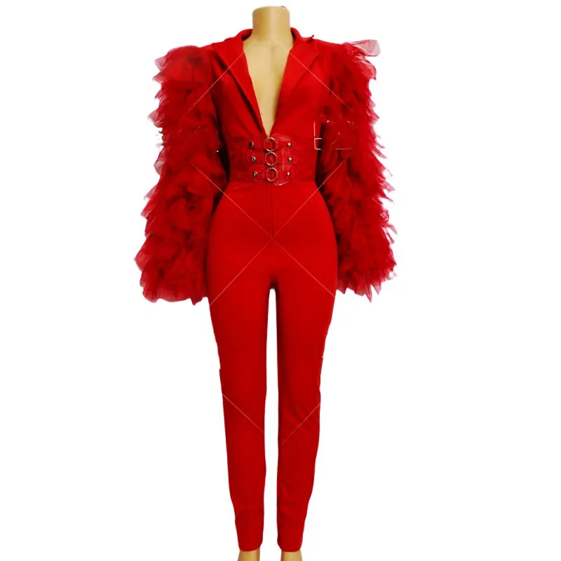 

Fashion Red Gauze Puff Sleeve Jumpsuit V-neck Bodycon Women Birthday Prom Evening Celebrate Party Rompers Singer Concert Costume