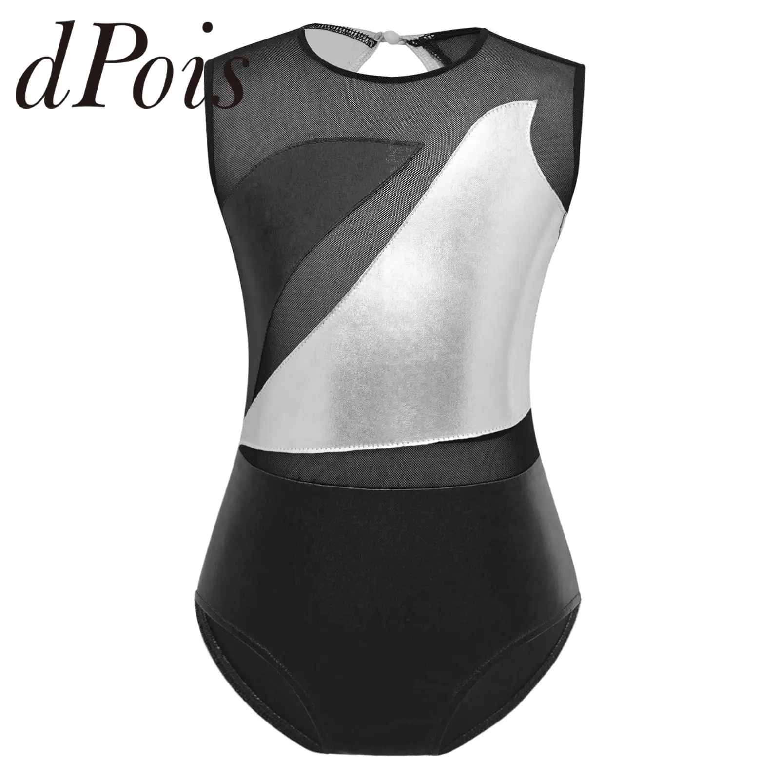 

Kids Shiny Metallic Gymnastics Leotard for Girls Sheer Mesh Patchwork Sleeveless Ballet Dance Bodysuit Figure Skating Jumpsuit
