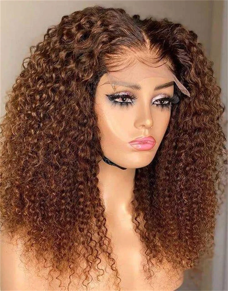 Perruque Lace Front Kinky Curly pour femmes noires, cheveux de bébé, délié naturel pré-plumé, doux, long, brun, densité 180, 26"