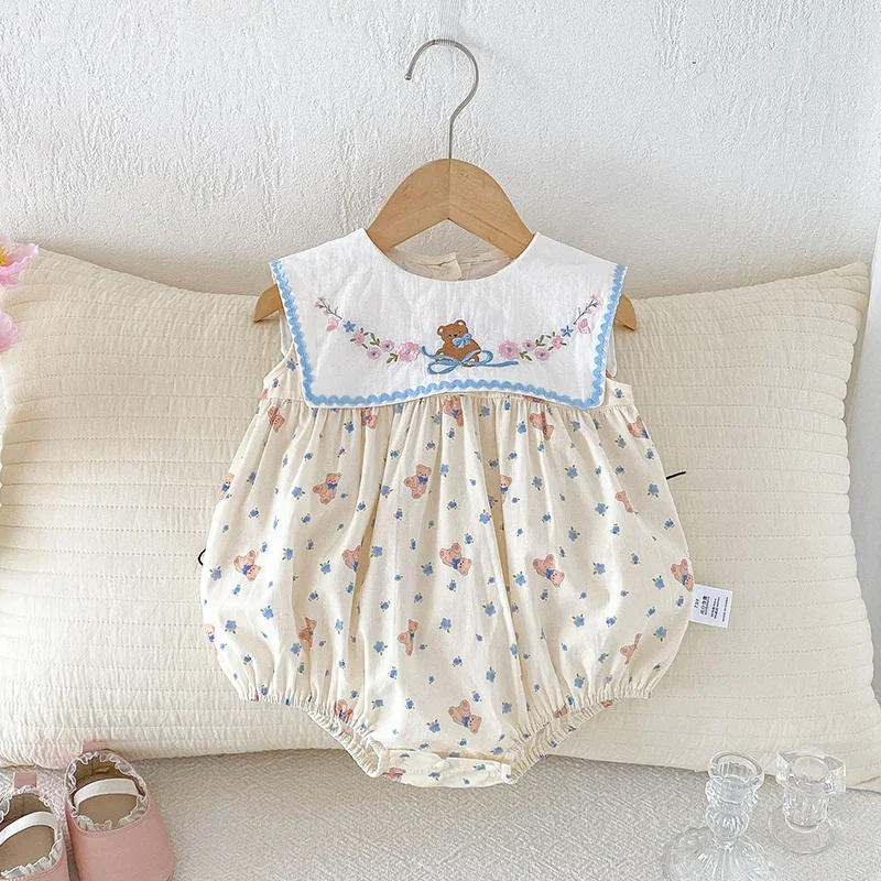 

2026 New Summer Korean Style Climbing Suit Sleeveless Cotton Print Splicing Toddler Baby Girls Jumpsuit 0-24M Children Clothes