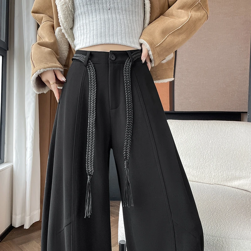 Damskie wełniane spodnie jesienno-zimowe z wysokim stanem, szerokimi nogawkami, kieszeniami, eleganckie spodnie z paskiem, styl OL, nowość 2025, rozmiary S-XXL