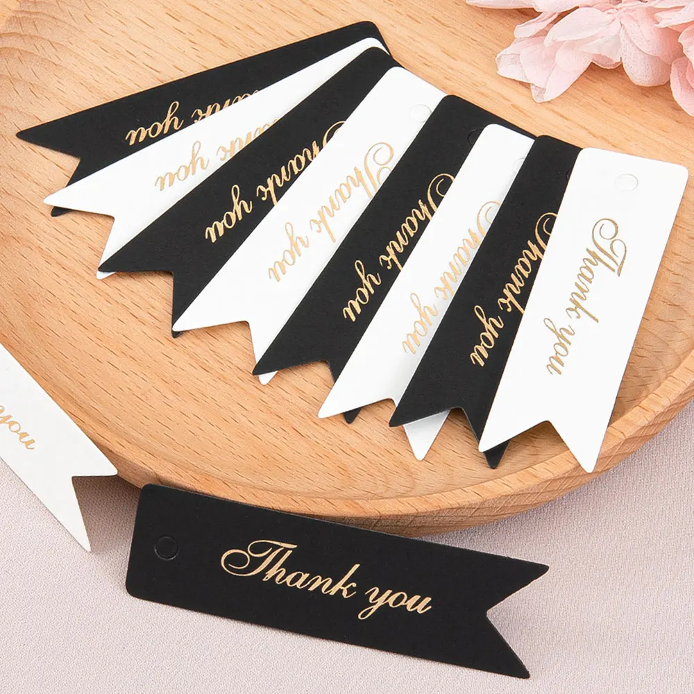 50pcs Gold Stamping Thank You Paper Card Tags Black White Font Blank Cardstock for Handmade Gift Wrapping DIY Jewelry Packing
