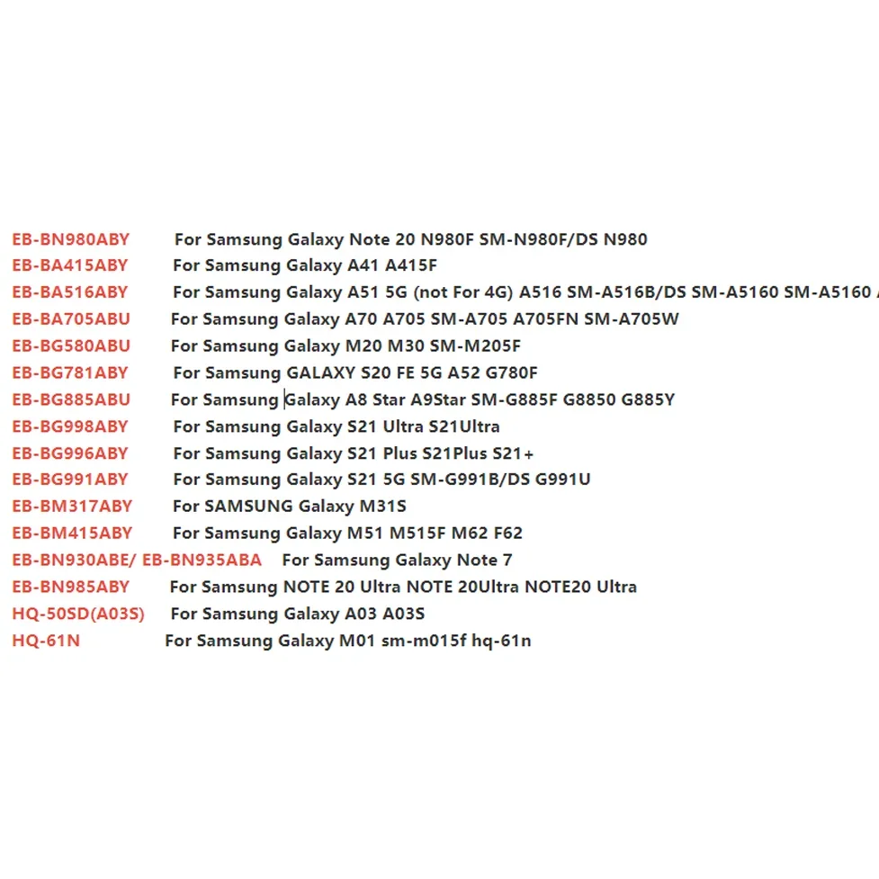 Battery For Samsung Galaxy S21/S21 Ultra/S21Plus/S20 FE/A41/A51 5G/A70/Note 20/ Note 20 Ultra/A02S/M31S/A70 A705/A03 A03S
