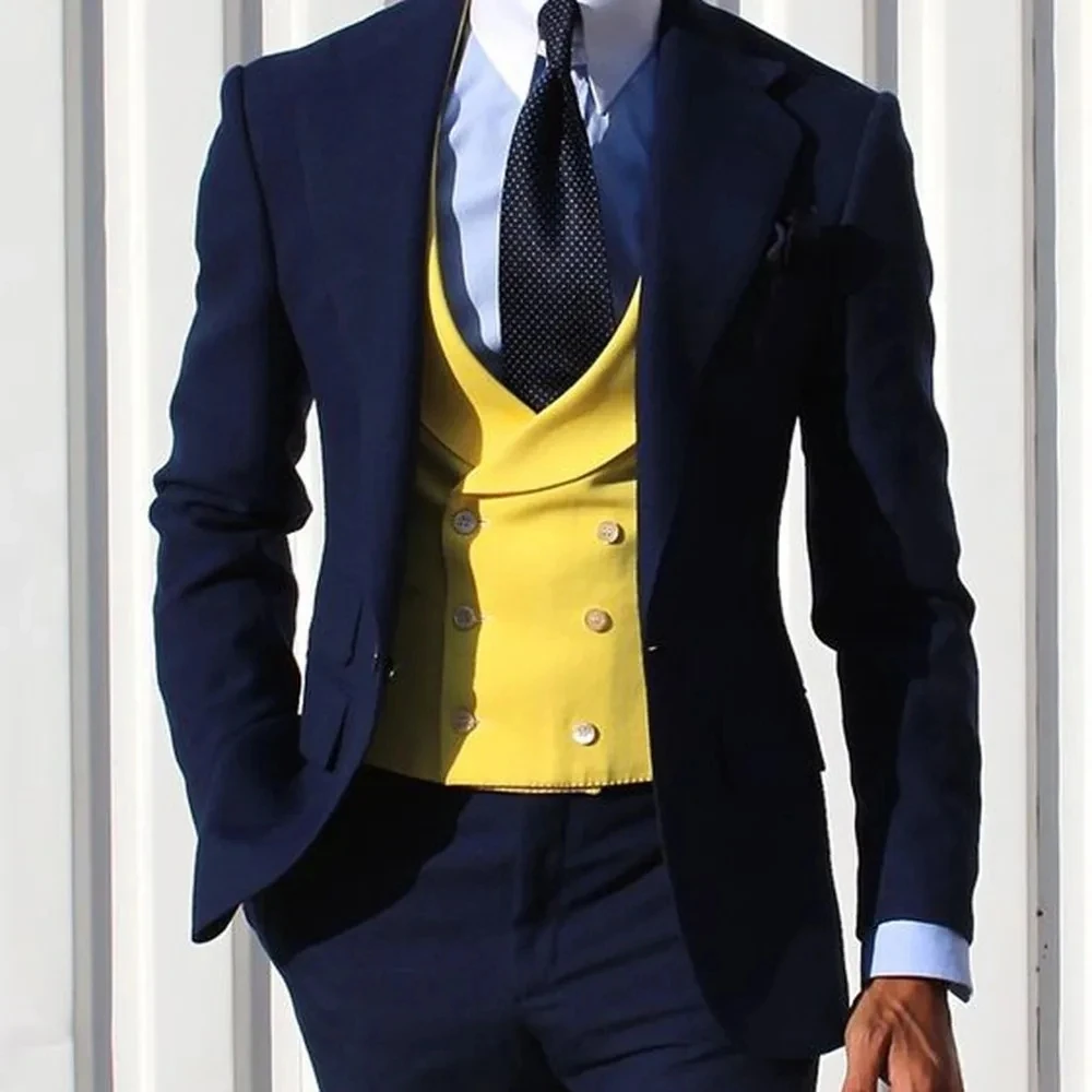 

Men Suits 3 Pieces Yellow Vest Navy Blue Jacket Pants Wedding Tuxedo For Groomsmen Male Prom Fashion Blazer Sets Custom Made