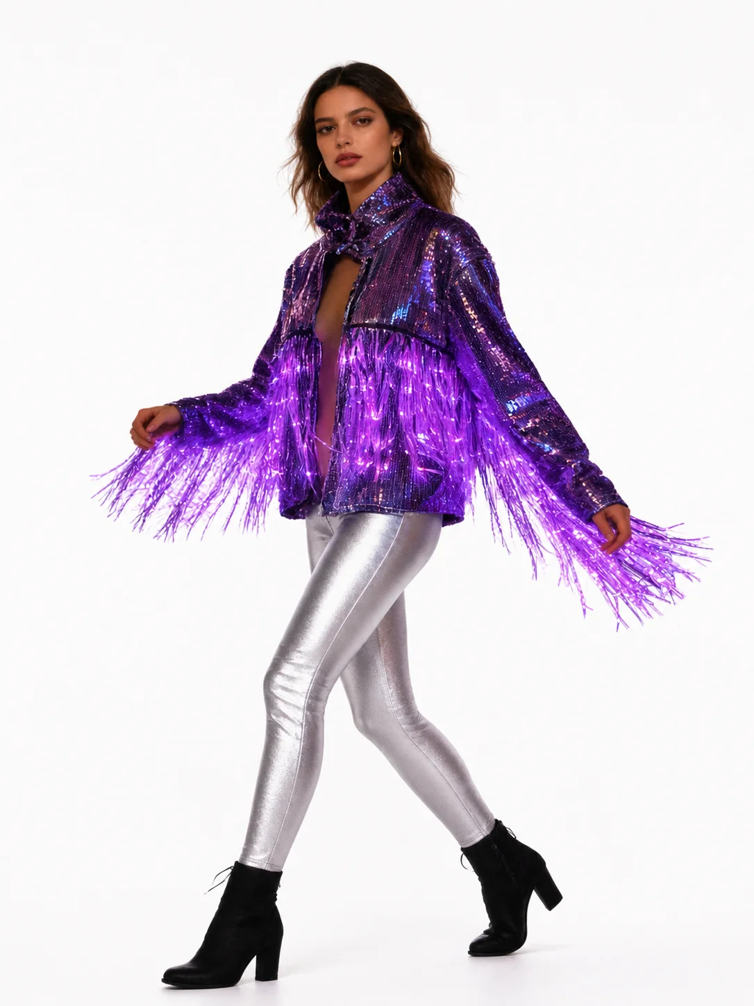 Women's Holographic Sequin Jacket with LED Light Up Fringe - Silver Iridescent Blouson Top for Rave, Festival, Stage Performance