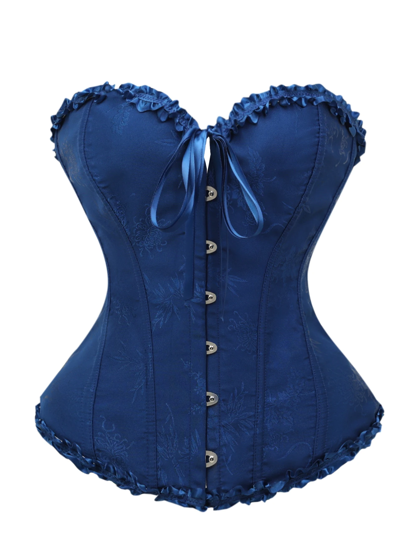 

Dark blue jacquard lace edged front button back stringing fitted outerwear with a cinched waist corset