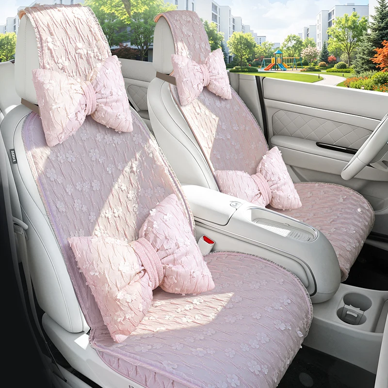 Cute Pink Car Seat Cover Set for Women Universal Breathable Lace Trim Flower Seat Cushion Protector For Most Car Sedan SUV Truck