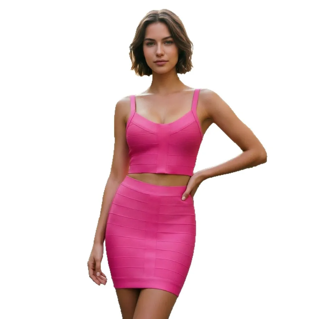 

Fashion Rosa Pink Bandage Skirt Outfit V-Neck Crop Strap Top + Mini High Waist Pencil Bodycon Skirt High Street Two-Piece Set