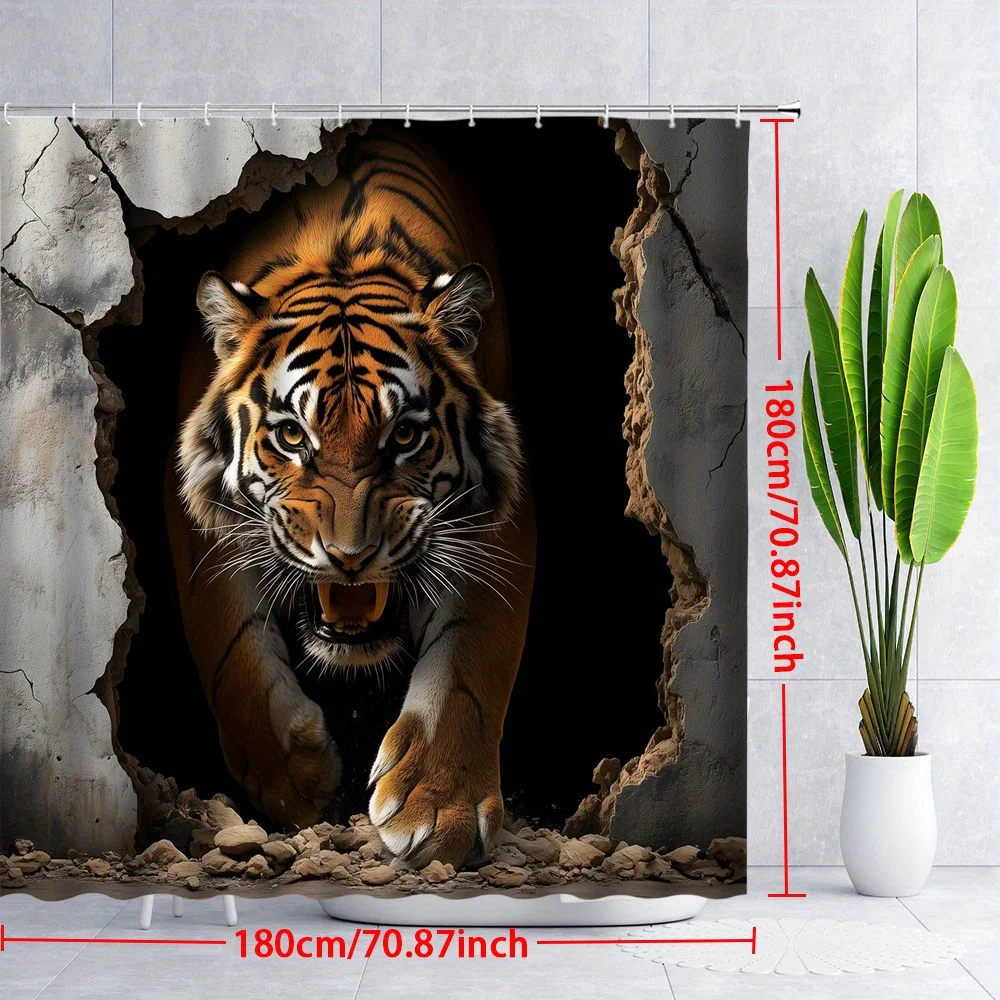 Dramatic Tiger Emerging from Wall Shower Curtain Waterproof Bathroom Decor Jungle Print Animal Roar Wild Life Style Accessories