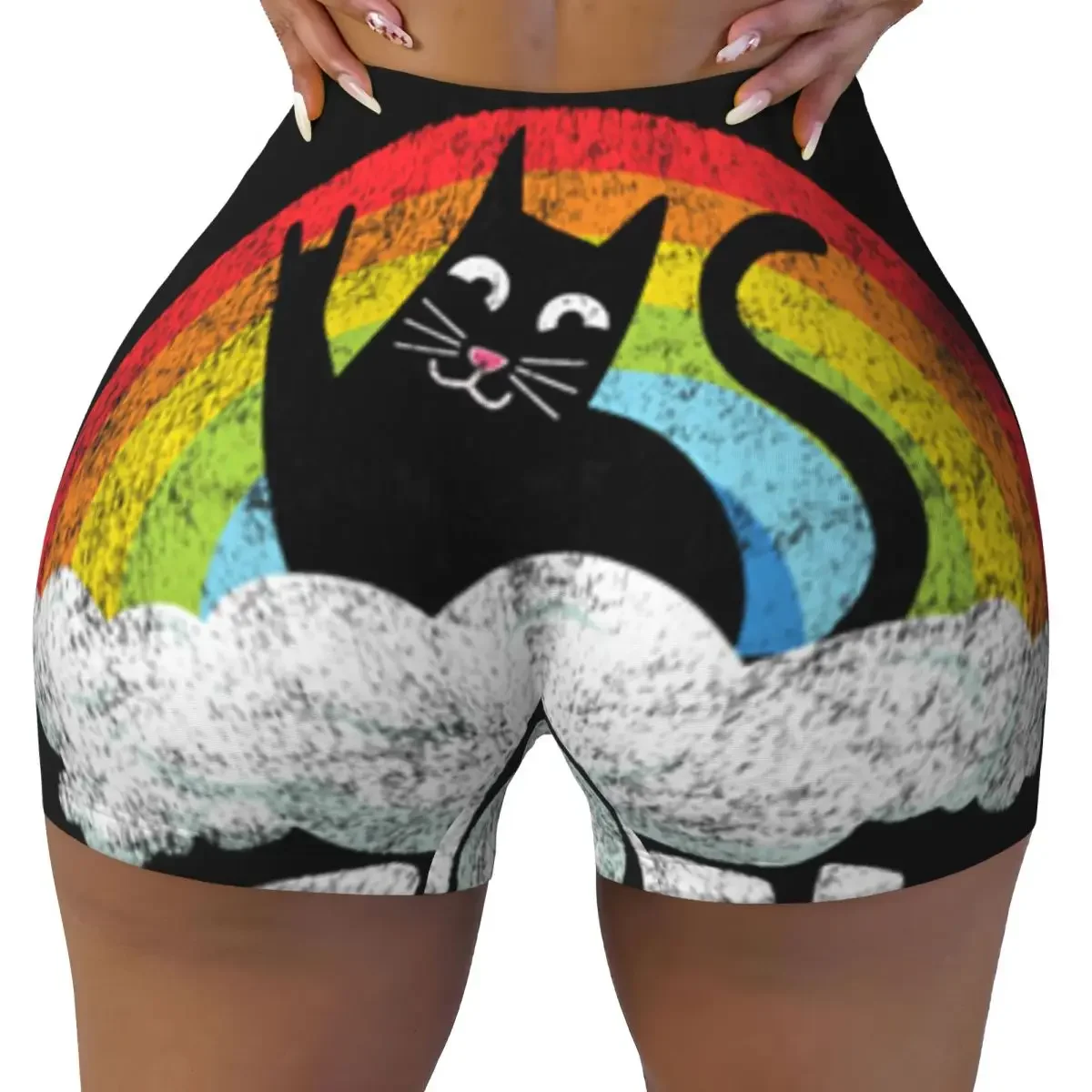 Custom Funny Death Metal Cat Gift Rainbow Heavy Metal Women Gym Workout Running Shorts Athletic Volleyball Biker Yoga Shorts