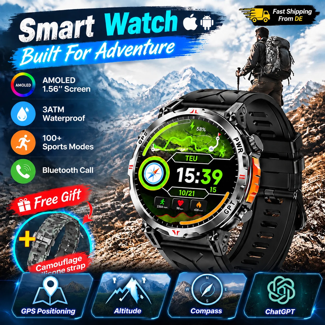 2026 Nuovo Smartwatch Militare GPS Uomo,Schermo AMOLED HD 1,56",Chiamate Bluetooth,Impermeabile 3ATM,100+ Modalità Sportive,Altimetro Bussola,Monitor Battito Pressione SpO2,compatibile Android iOS