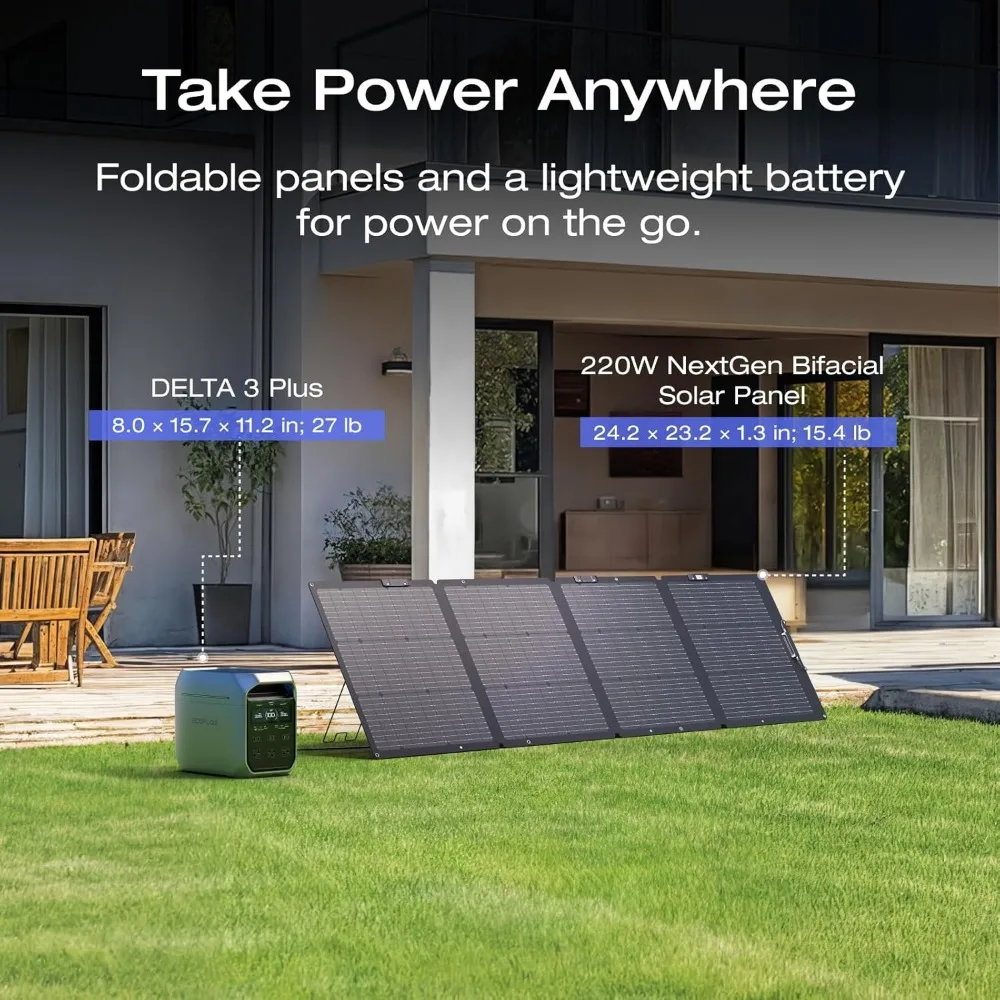 Solar Generator DELTA 3 Plus with 220W Bifacial Solar Panel (2024 New), 1000W Solar Input, LFP(LiFePO4) Battery, Portable Power