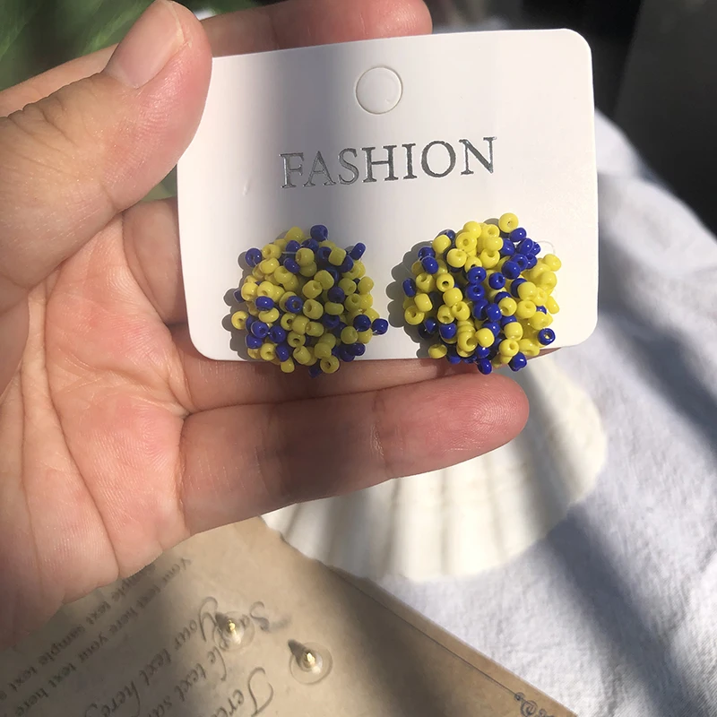 Stainless Steel Stud Beaded Dome Finding Pom Style Connector Yellow and Royal Blue Mix 15mm Small Seed Bead Topper Stud Earrings