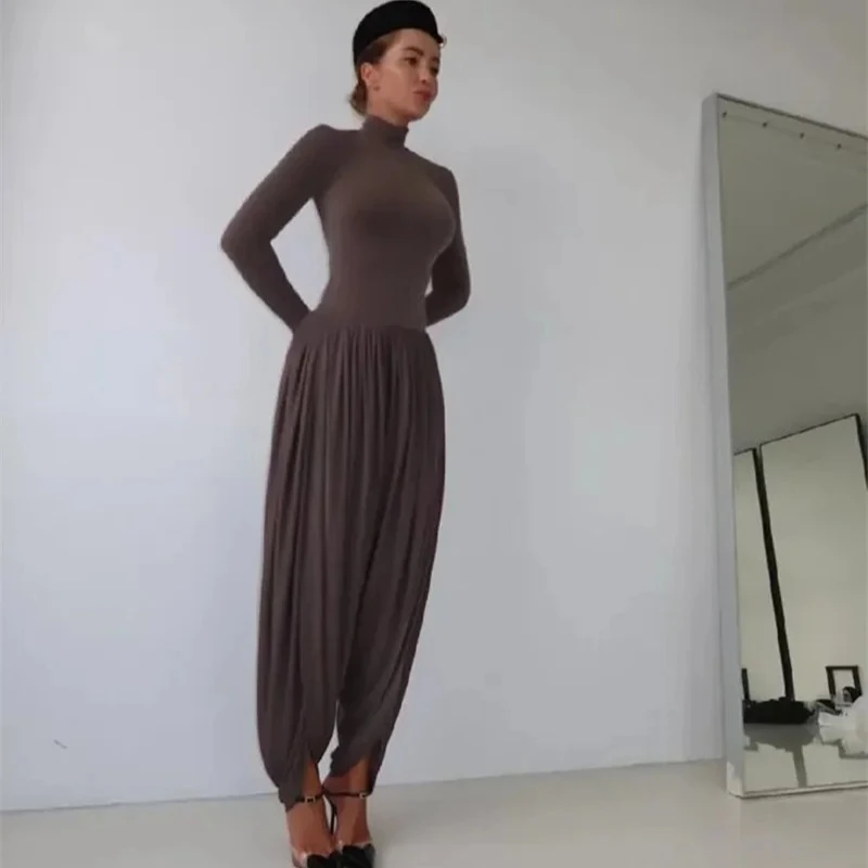 

Suninbox драпированный сексуальный комбинезон с длинными рукавами, женские комбинезоны, осень-зима, новая лоскутная однотонная водолазка с высокой талией, тонкий комбинезон