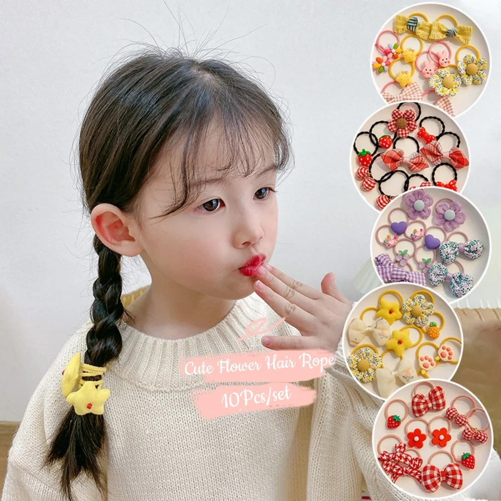 10pcs/set Cute Plaid Bow Hair Tie Chlidren Cartoon Fruit Animal Elastic Rubber Band Scrunchies Girls Ponytail Holder Headdress