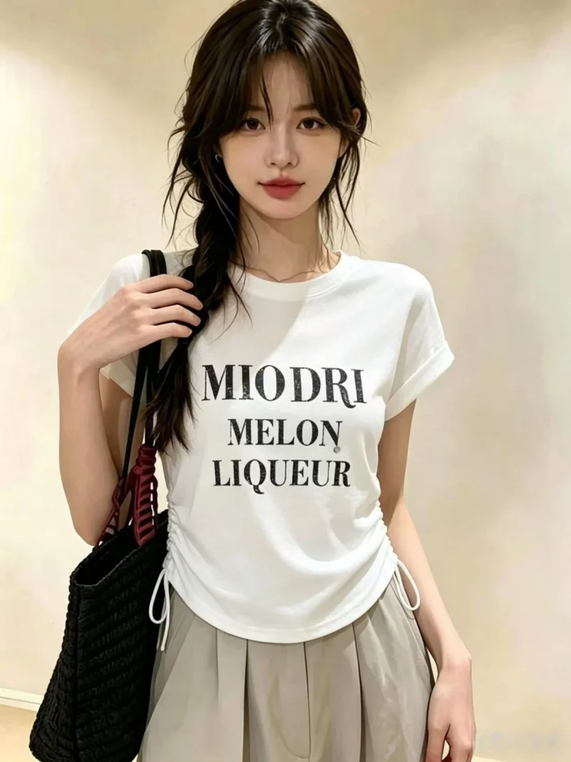 

Retro American Letter Print Short Sleeve T-Shirt Women's Summer New Style Versatile Anti-Aging Shoulder Top Korean Style Stra...
