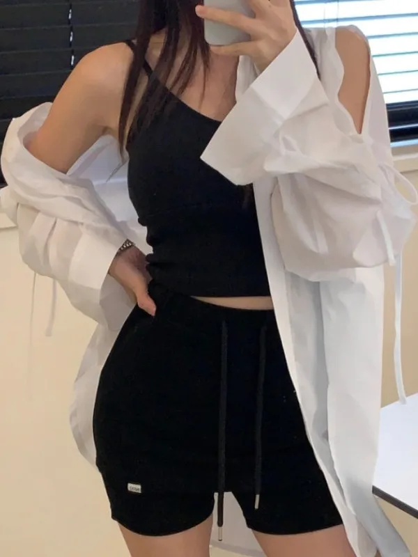 여성용 루즈핏 셔츠 민소매 홀로우 아웃 타이 넥 폴로 칼라 미디 길이 코튼 체크무늬 여름 패션 출퇴근 스타일