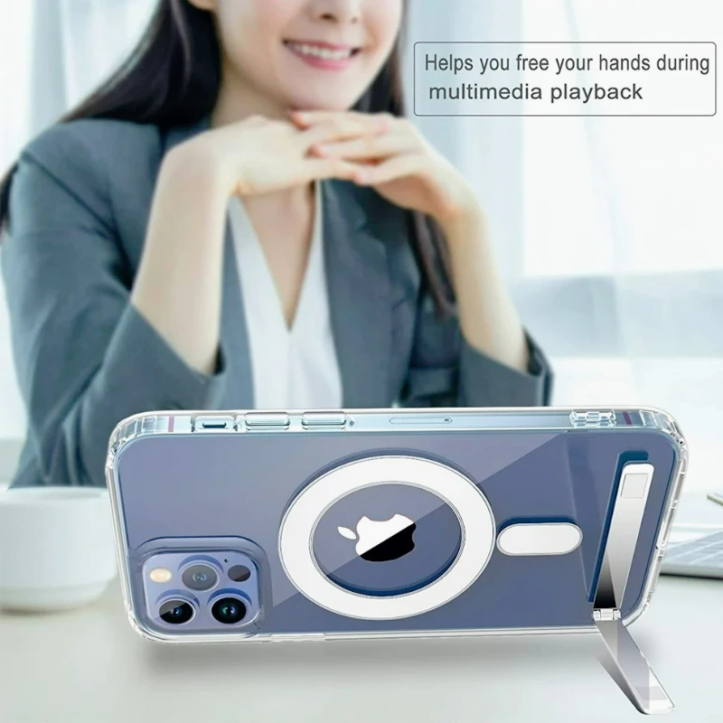 حافظة هاتف مغناطيسية شفافة مع مسند لهاتف آيفون 17 برو ماكس اير 16 15 14 13 12 غطاء صغير خفيف الوزن