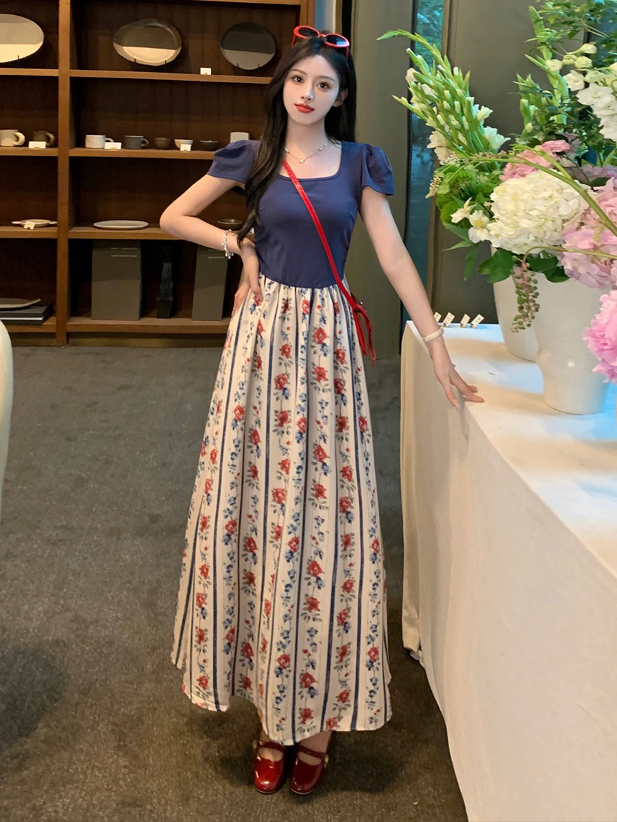 Retro Floral Print Maxi Dr Women's Summer Faion Slimming A-Line Gown Ele plus Size Fake Two-Piece Sle ort Sve