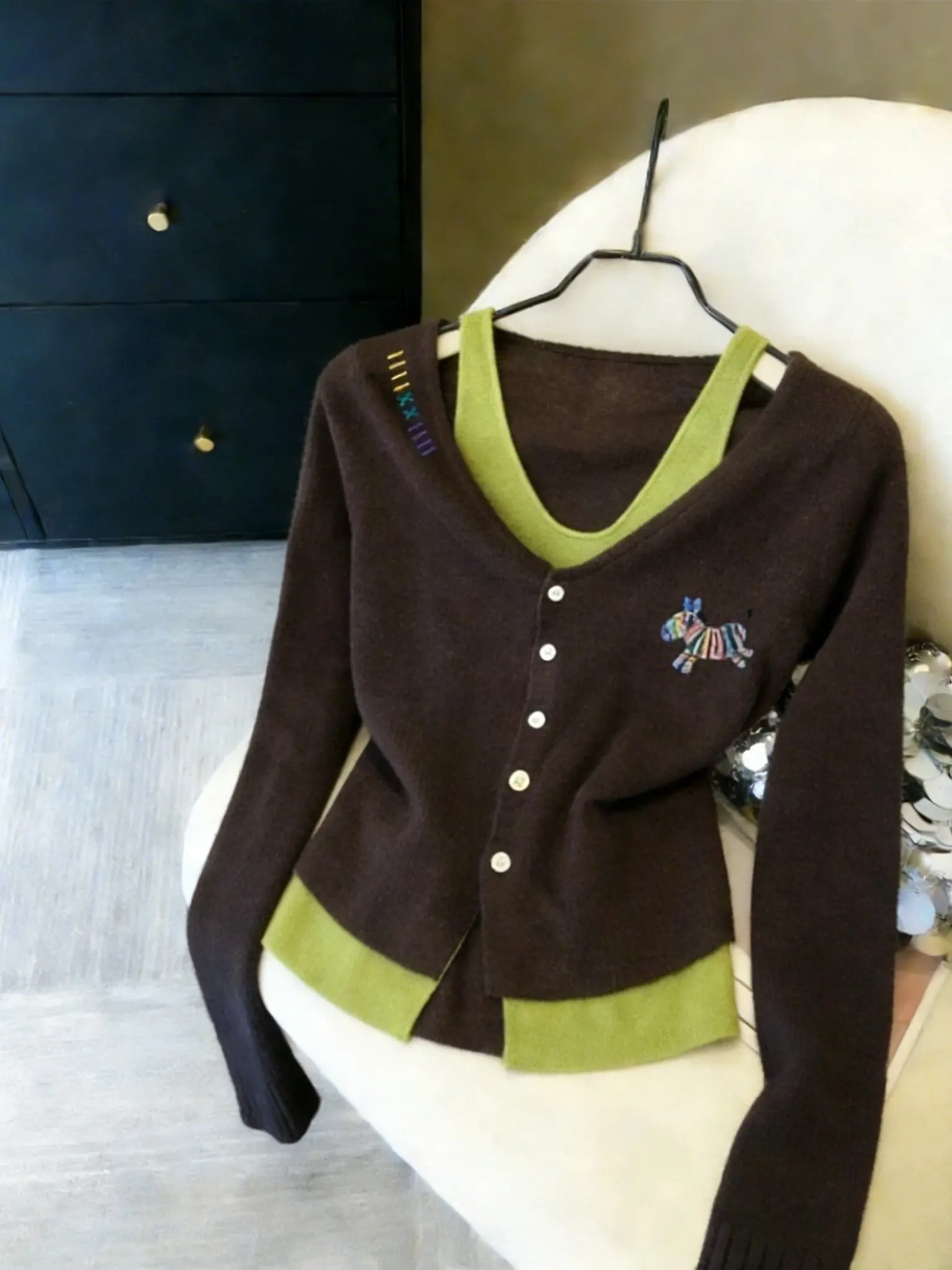 

Korean Sle Brown Color Blo Fake Two-Piece Knitted Top Slimming Sexy Girl Sle Long Sve V-Ne Pullover Spring Summer