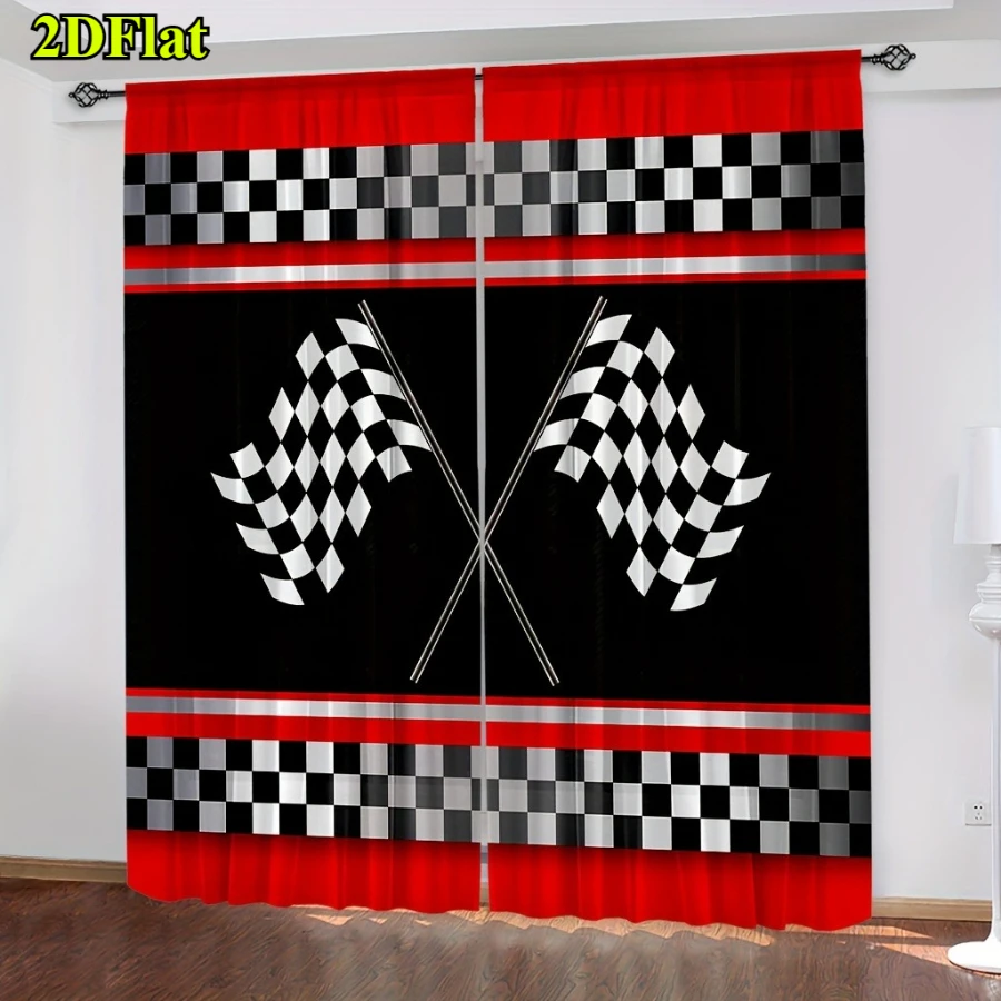2PCS Digital Print Curtain, Racing Checkered Flag Sports Car, Motorsport Athletic for Living Room Bedroom Kitchen Decor