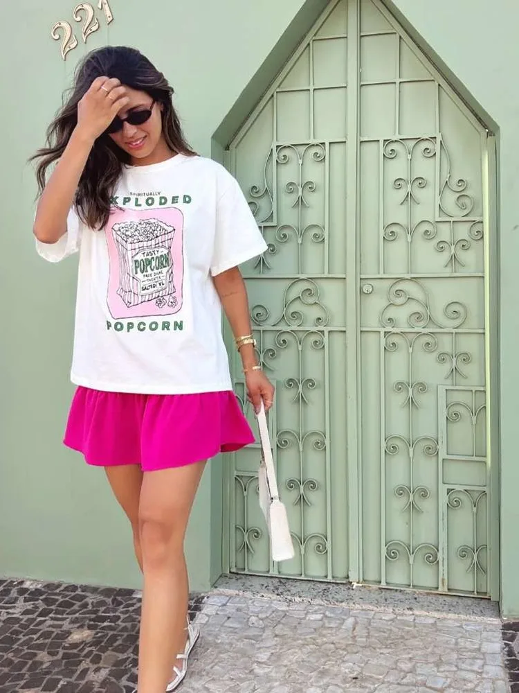 Retro American Vintage Summer Fun Popcorn Spicy Girl Loose Casual Pure Cotton Short Sleeve T-Shirt Women's Trendy round Neck