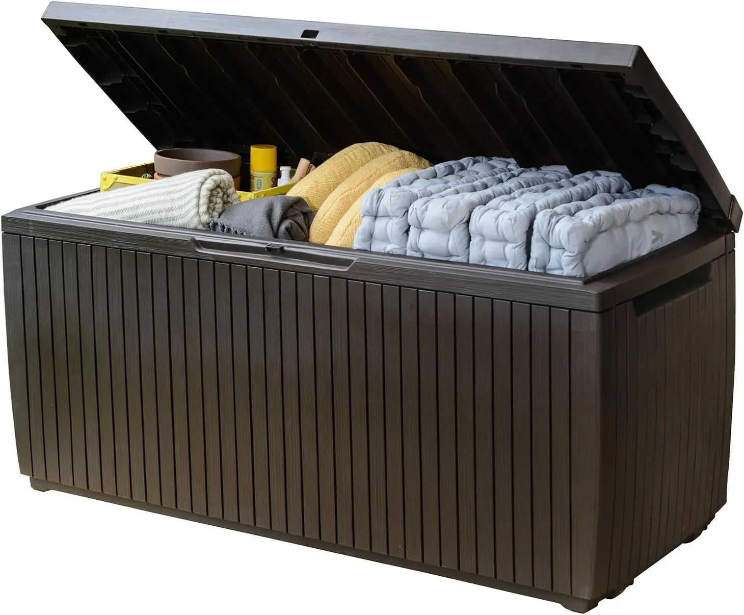 Caja de almacenamiento exterior de resina de 80 galones para cojines de muebles de patio, juguetes de piscina y herramientas de jardín con asas, marrón