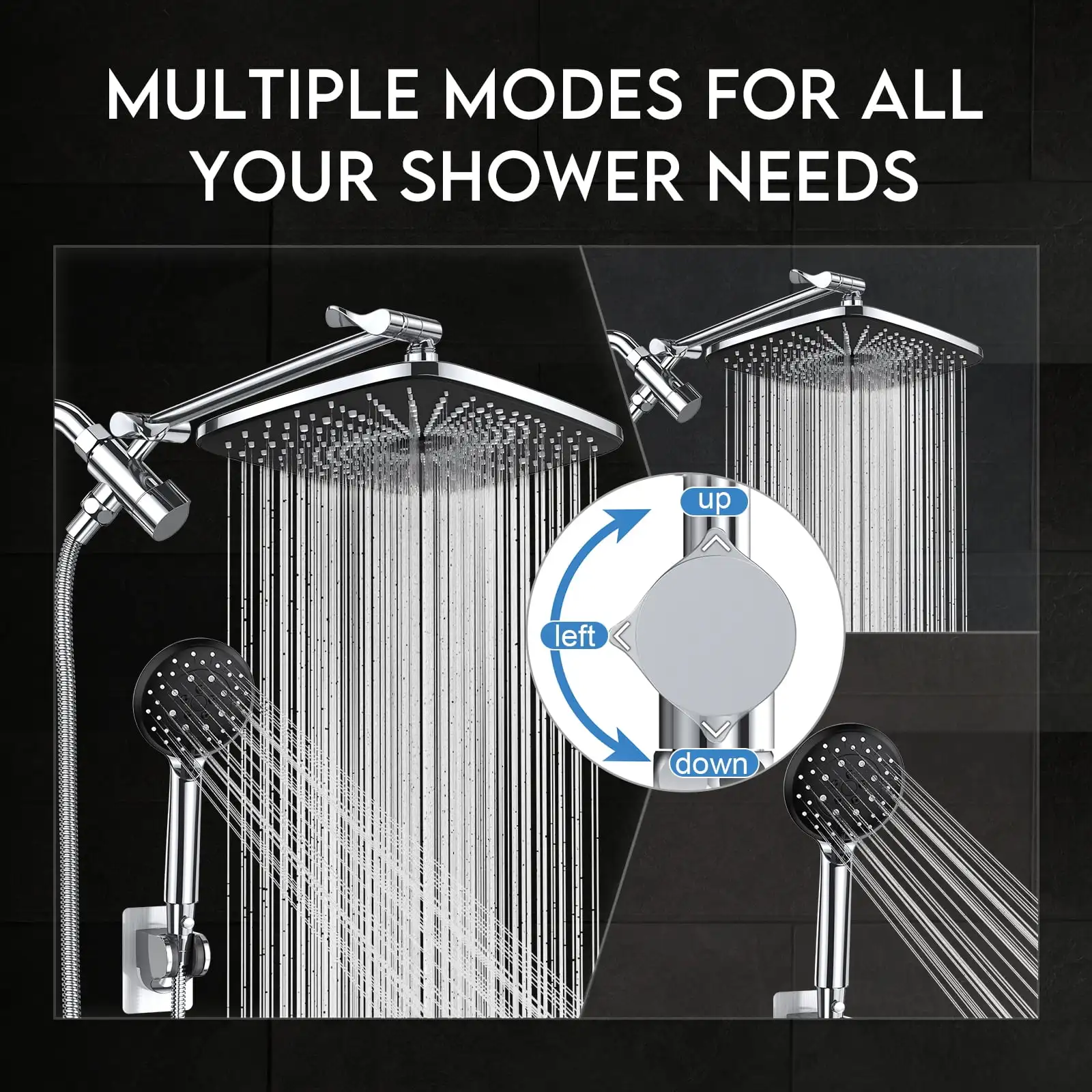 High Pressure Rain Shower Head Combo with Adjustable Extension Arm - Wide Rainfall & 5 Spray Handheld