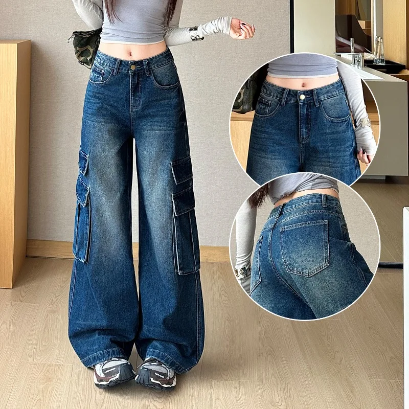 OIQERE Women High Waist Wide Leg Cargo Jeans Vintage Washed Multi Pockets Baggy Straight Denim Streetwear Trousers