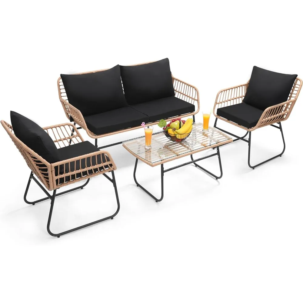 4 Piece Patio Bistro Outdoor Furniture Set Wicker Sofa 2 Rattan Chairs, and Table Backyard Conversation Set