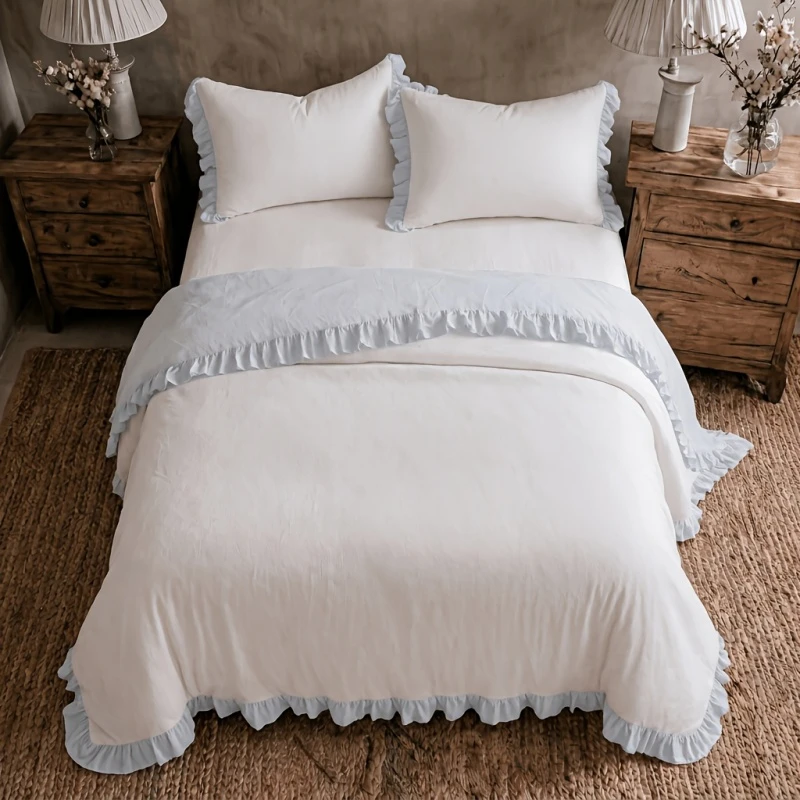 Girlish Ruffle Duvet Cover Set, White Light Blue Block Bedding Set, Soft Microfiber Fabric. Includes 1 Duvet Cover  2Pillowcases