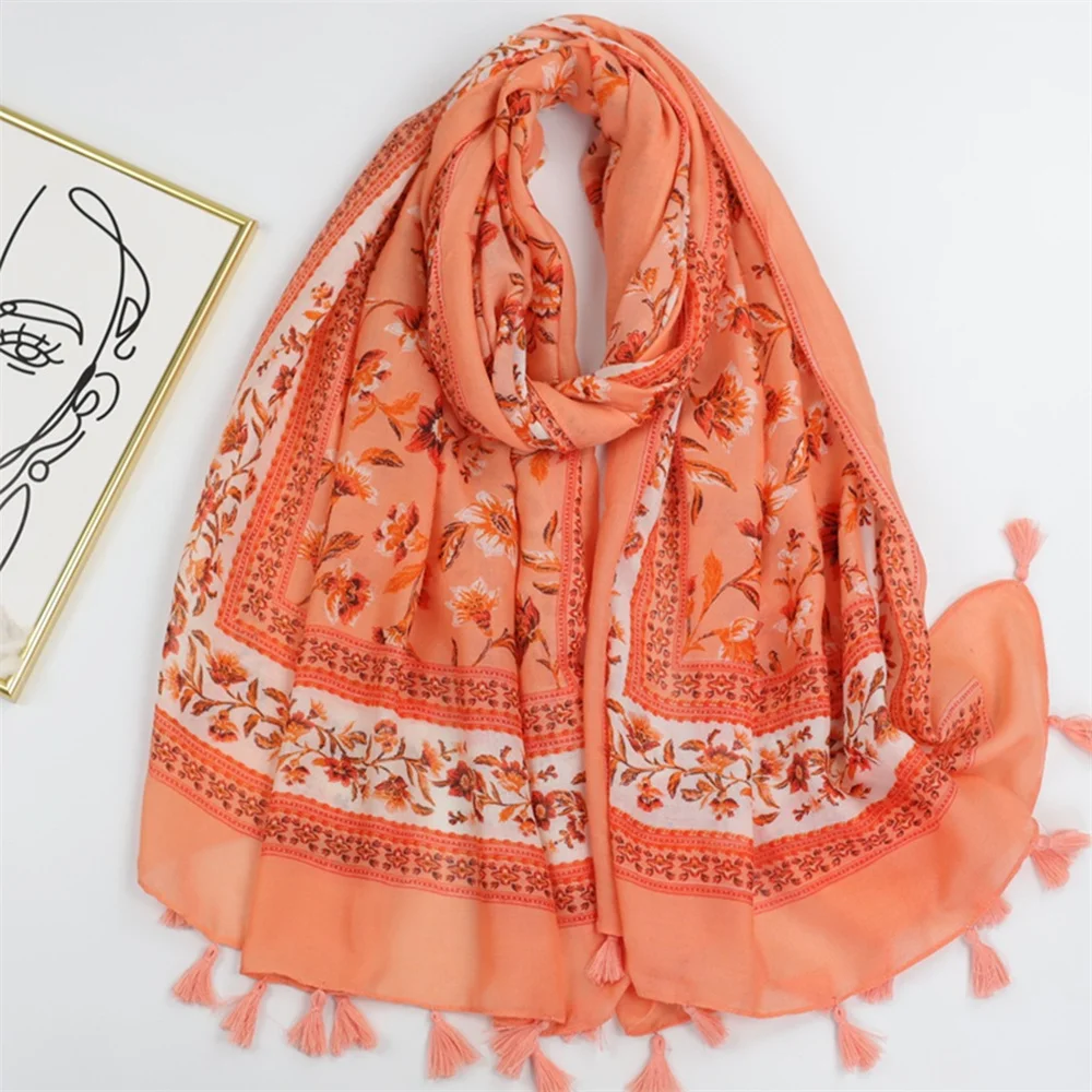 2023 Luxury Brand Cotton Viscose Scarf for Women Spain Lovely Floral Tassel Shawls and Wraps Echarpe Pashmina Bufandas 180*90Cm