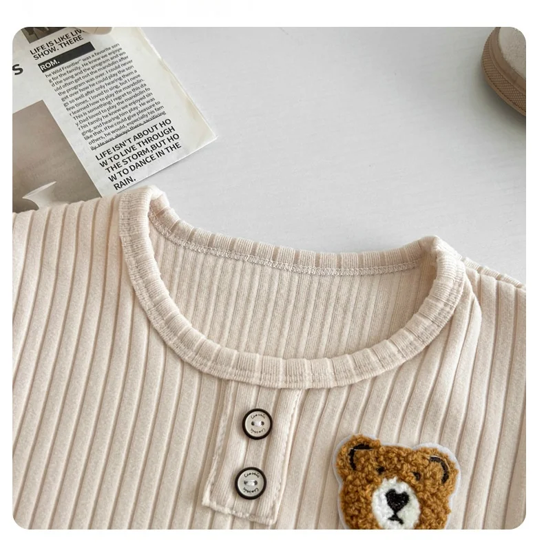 Spring Autumn Kids Long Sleeve Shirt Cute 3D Bear Patch Basic Boys Undershirt Solid Casual Top for 0-8Y Boys Girls