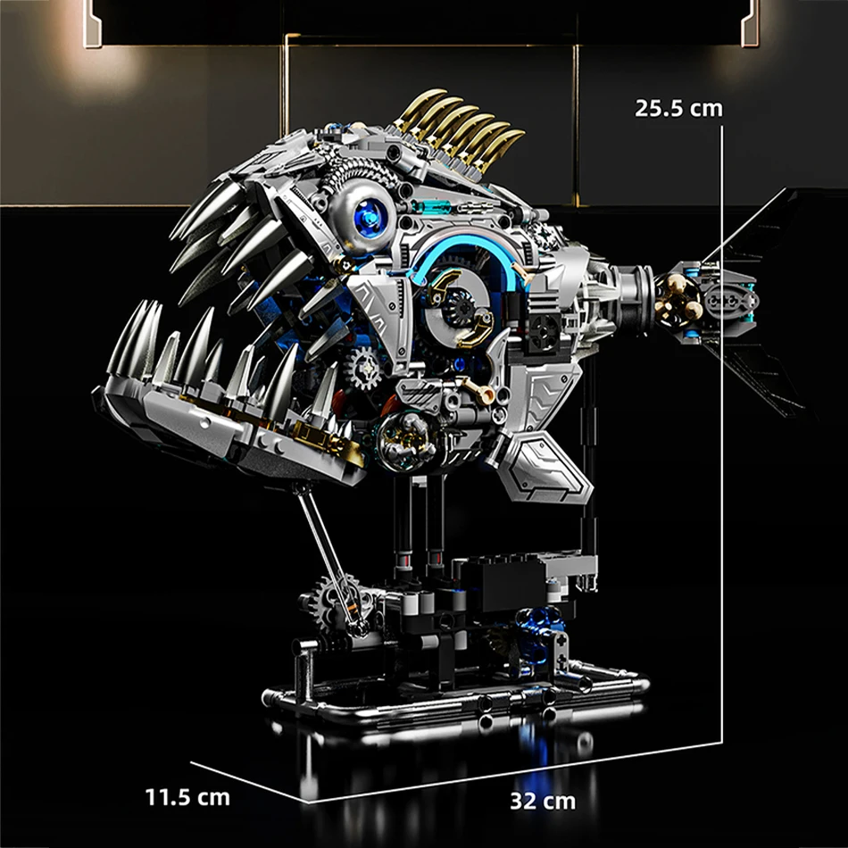 MOC-modelo de pez piraña mecánico, bloques de construcción con Motor ligero, potencia, simulación de mar, animales, montaje de ladrillos, juguetes, regalos para niños