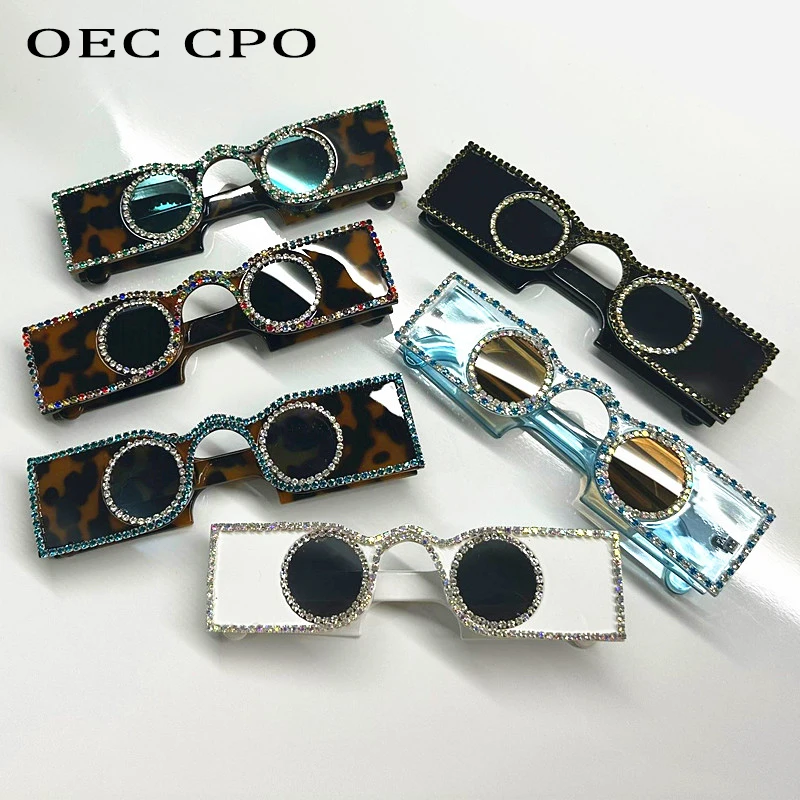 Unique Hand Diamond Square Women Sunglasses Luxury Rhinestone Small Round Lens Shades Female New Wide Legs Sun Glasses Men UV400