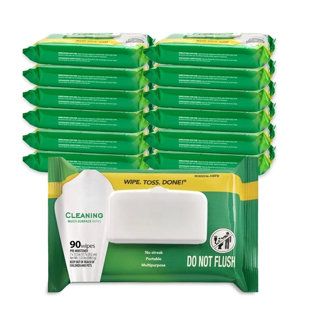 

Салфетки для чистки поверхностей с несколькими поверхностями, свежий аромат, не полосает для кухни, ресторана, стола, стекло, обработанное дерево, 90 шт., упаковка из 12 шт.