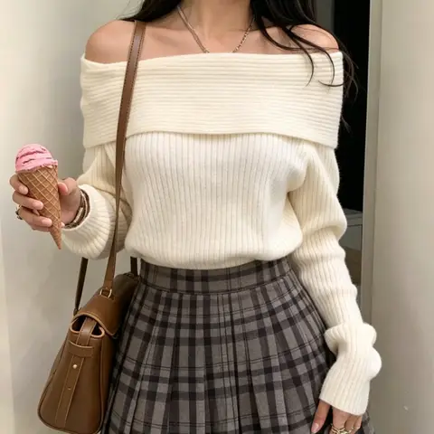 Korean Spring and Autumn New Preppy Off Shoulder Simple Solid Color Knitted Sweaters Slash Neck Casual Women's Pullover Top