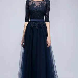 Azul marinho renda vestidos de noite longos elegante meia manga apliques tule formal festa baile vestido sem costas com cinto robe de soiree 10 principais vendas vestido longo de festa bordado - №7