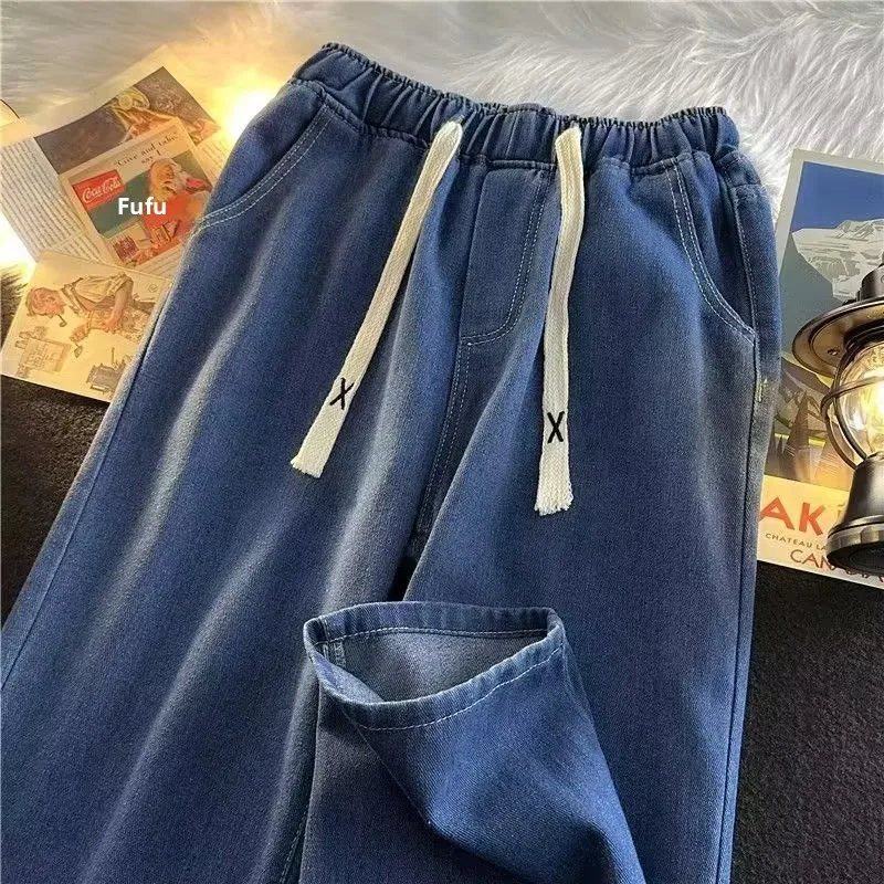 Men's Denim Jeans Drawstring Elastic Waist Wide Leg Long Pants Loose High Street Straight Leg Casual Trendy Trousers