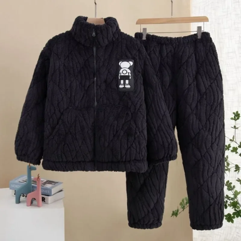 Pajamas Men's Winter Three-Layer Quilted Thicken Loungewear Fleece-lined Warm Fashion Young Boys Coral Super Thick Homewear Suit