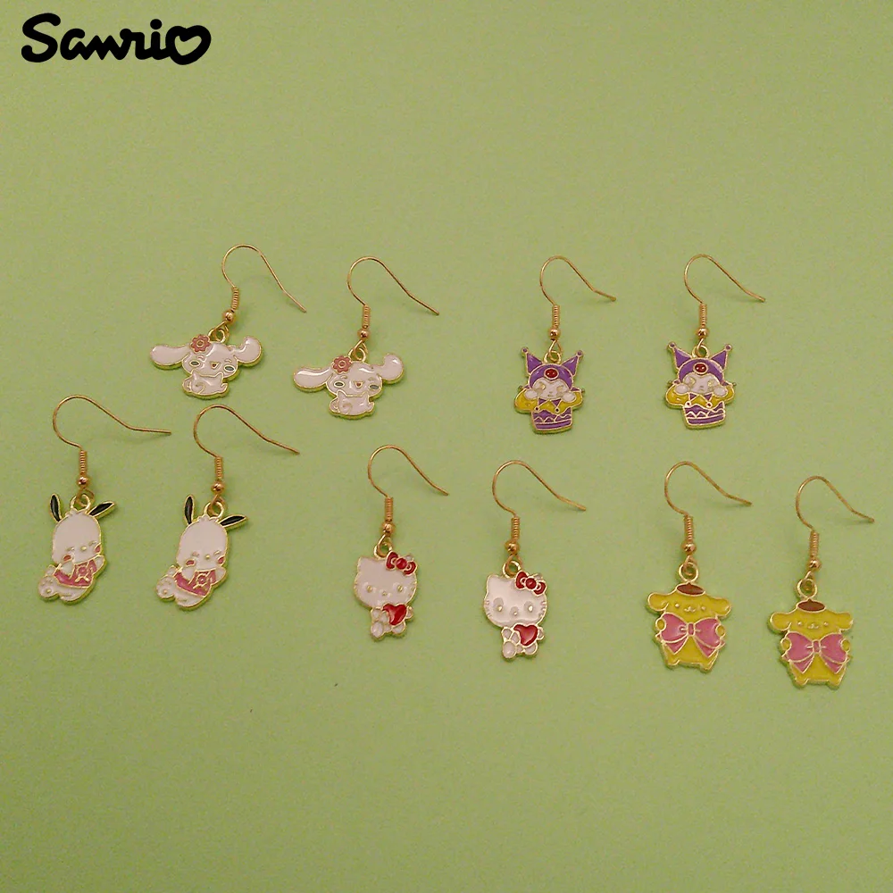 Anime Sanrio Hello Kitty Kuromi Earrings Cartoon Figure Pochacco Cinnamoroll Metal Badge Pendant Ear Drop Jewelry Accessories