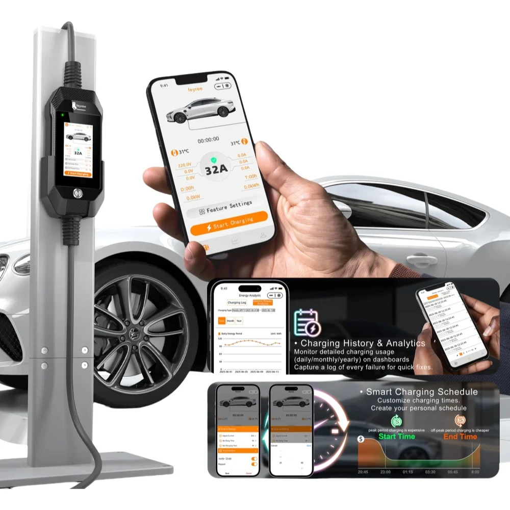 Feyree Typ2-Ladestecker Tragbares 7kW EV-Ladegerät für Zuhause Professionelles Design 4,3-Zoll-Touchscreen mit Smart-Wifi-App