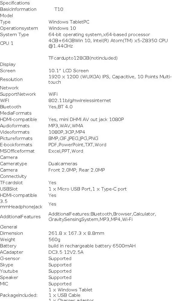 Premium 10.1 Inch CWI529 Windows 10 Tablet PC 4GB RAM 64GB ROM Z8300 CPU 64Bit Quad-Core High-Speed EMMC
