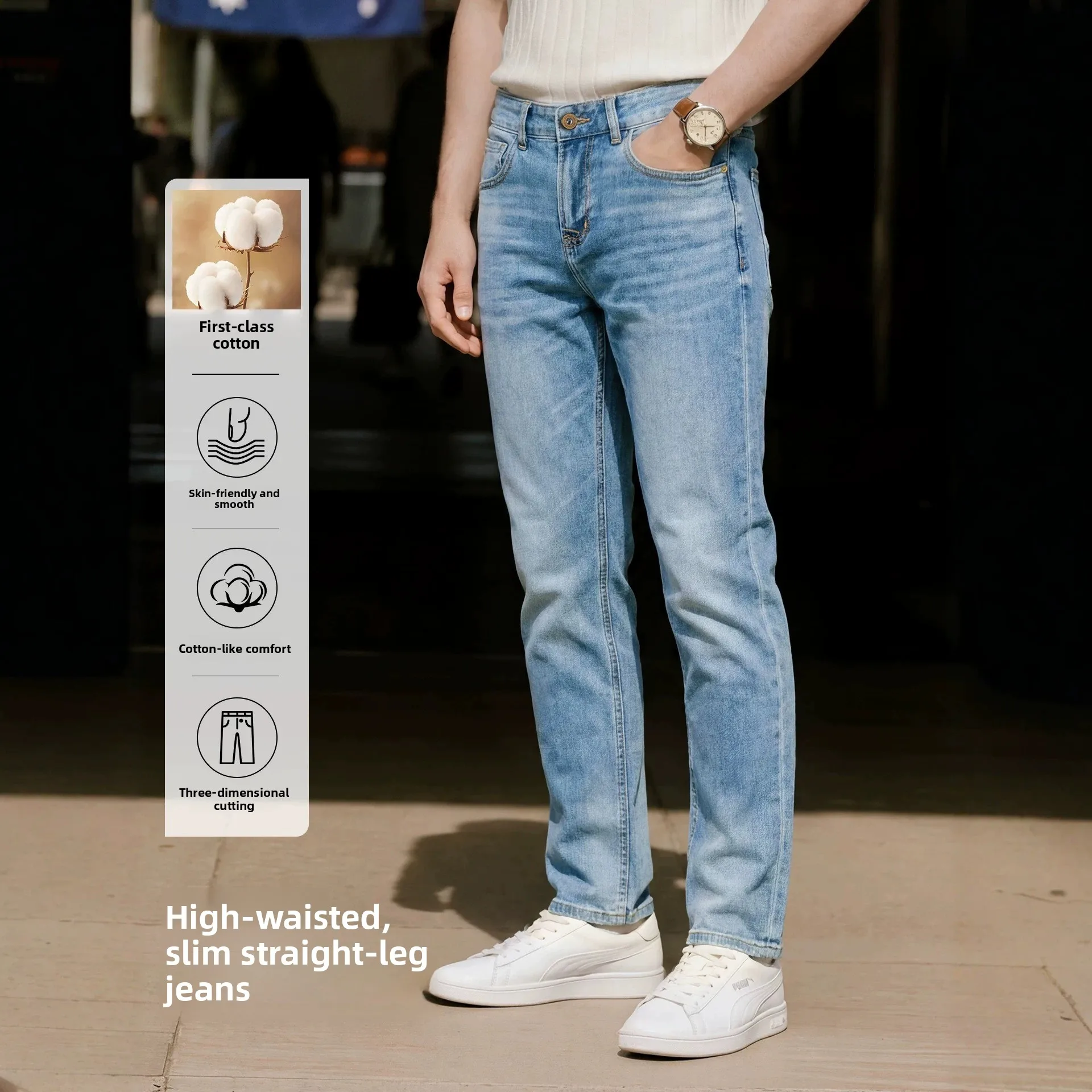 2026 New Fashion Men's Straight Fit Cotton Jeans Casual Pocket Trousers Fall Winter High Quality Versatile Men's Pants