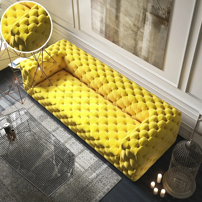 Italian design yellow velvet living room tufted sofa set customized modern 3 seater chesterfield sofa fabric button tufted sofas